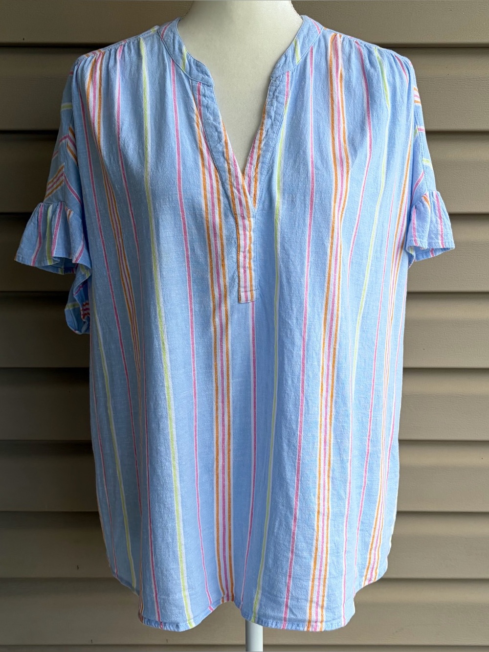 crown & ivy Pastel Multi-Stripe V-Neck Ruffle Sleeve Blouse